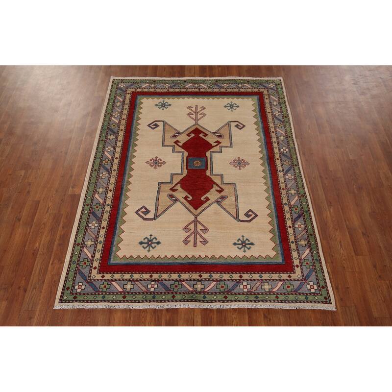 Geometric Beige Kazak Oriental Rug Hand-Knotted Bedroom Wool Carpet - 5'0" x 6'6"