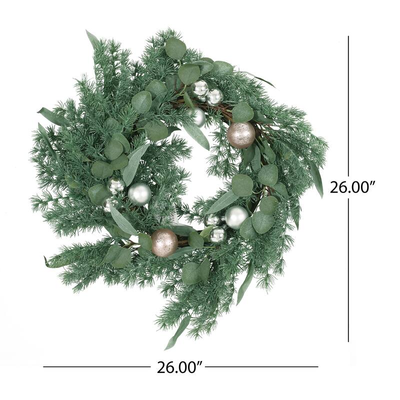 26" PineNeedle Wreath With Ball - Green