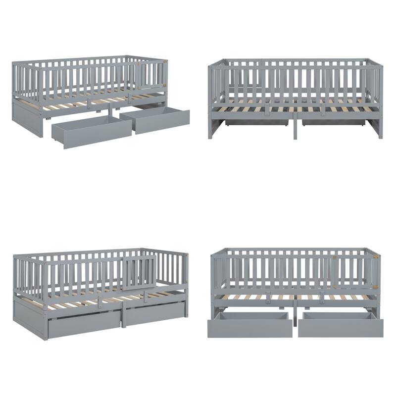 Twin Size Wood Daybed with Fence Guardrails and 2 Drawers