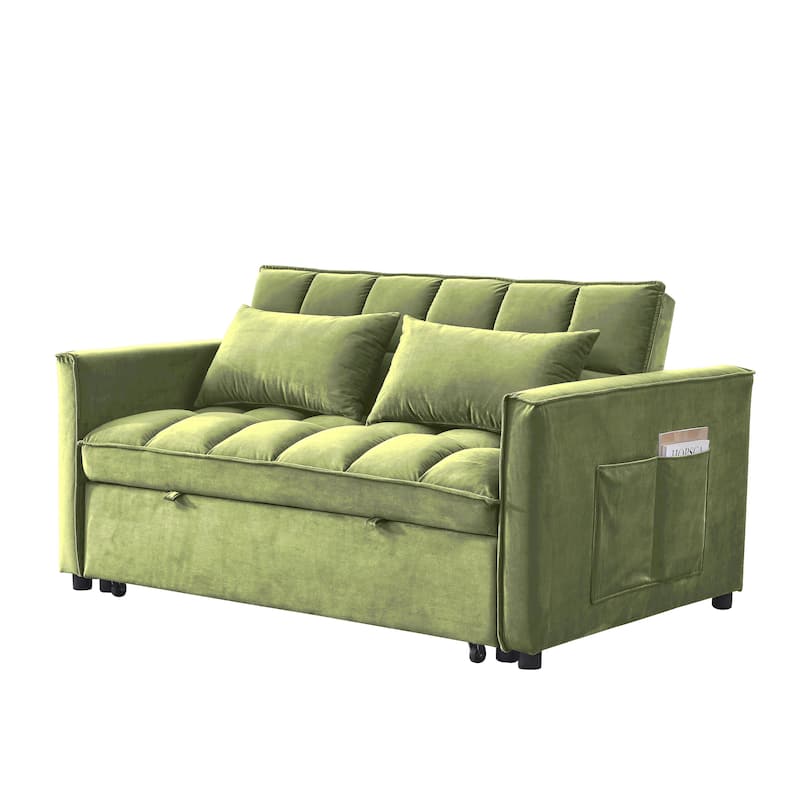Velvet Sofa Bed, Convertible Pull-Out Couch Loveseat with 3-Level Adjustable Backrest, Sleeper Sofa with Side Pockets