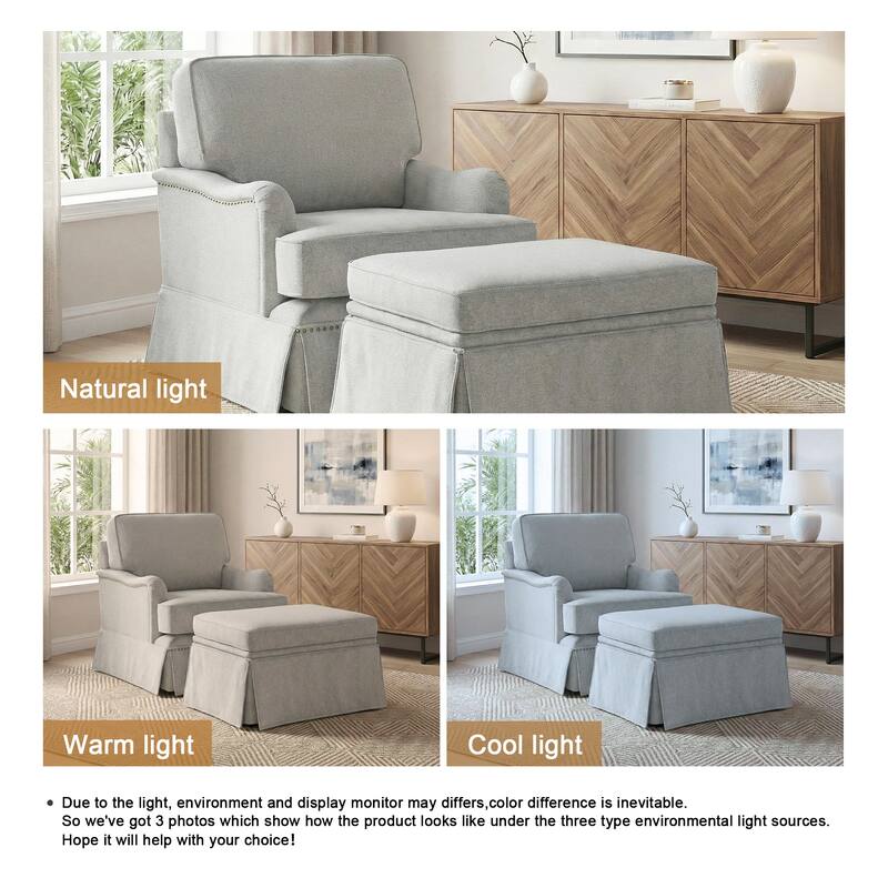 Chenille Swivel Accent Chair Storage Ottoman Set with Nailhead Trim Skirt