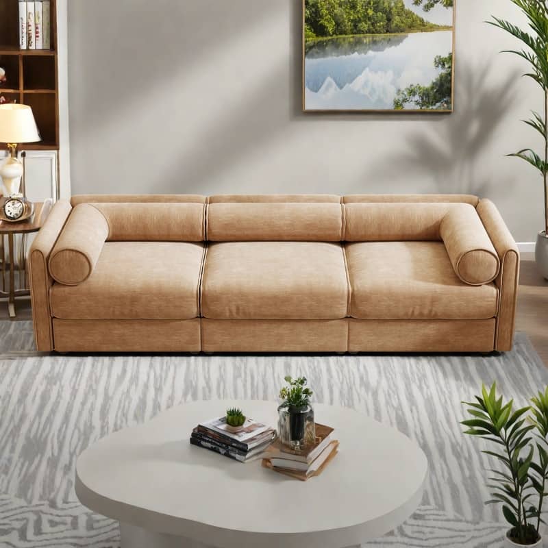 109" 3-Seat Chenille Sofa with Storage Compartment, Cylindrical Backrest and Modular Design - Camel