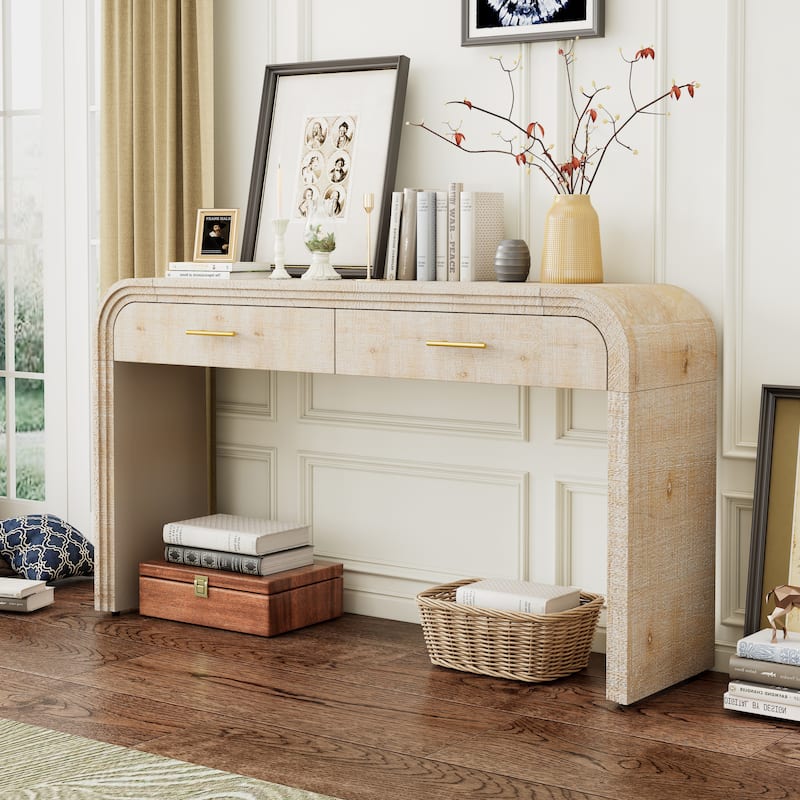 Unique Retro Silhouette Console Table with Open Style, Two Top Drawers for Entrance, Dinning Room - Walnut
