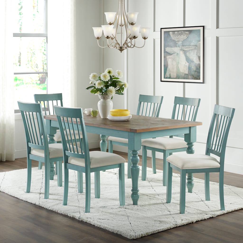 Blue Farmhouse Wood Dining Table with Natural Top