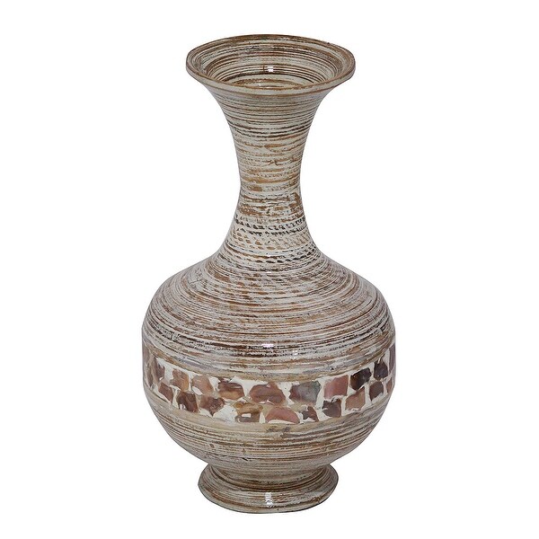 22" Spun Bamboo Vase - Bamboo In Distressed White W/ Coconut Shell