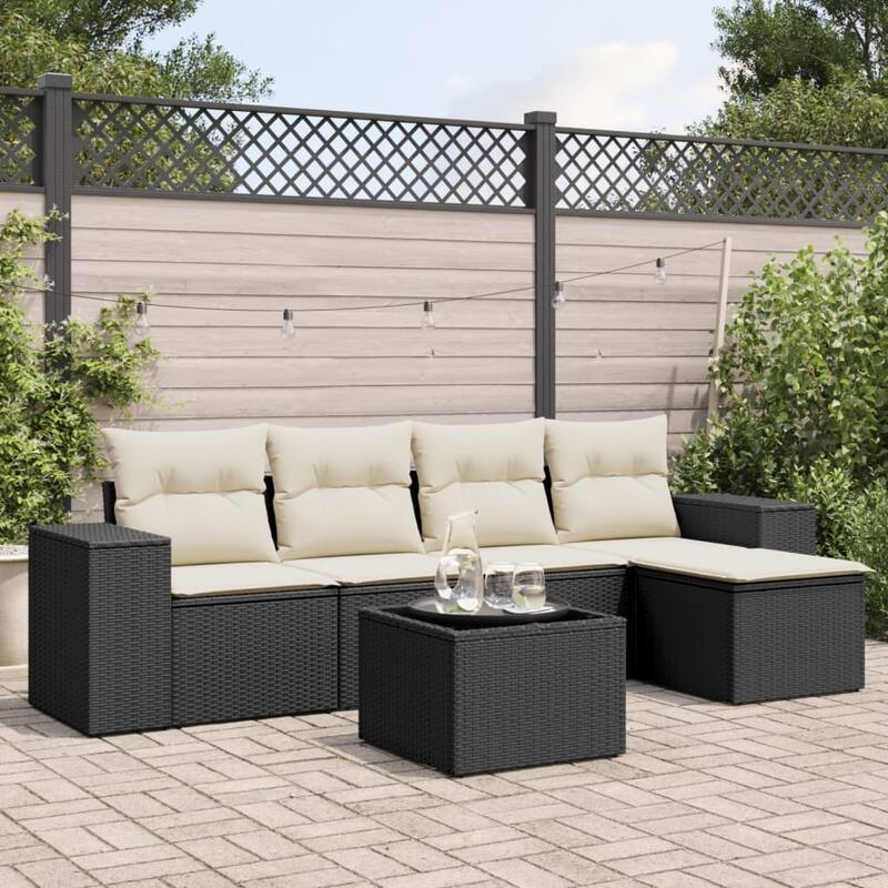 vidaXL Patio Sofa Set with Cushions Outdoor Conversation Furniture Poly Rattan - Black and cream with table - 21.7 x 21.7 x 14.6