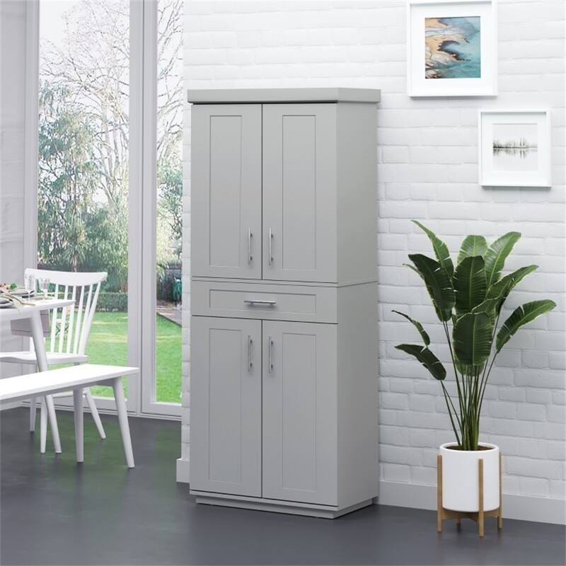 Multi-Function Grey Storage Cabinet with Adjustable Shelves and Drawer for Kitchen or Office - 30" W x 15.75" D x 72" H