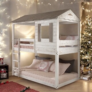 Rustic Twin Over Twin Bunk Bed with Built-in Ladder ,Guardrails