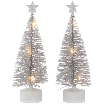 Set of 2 LED Silver Mini Bottle Brush Pine Christmas Village Trees