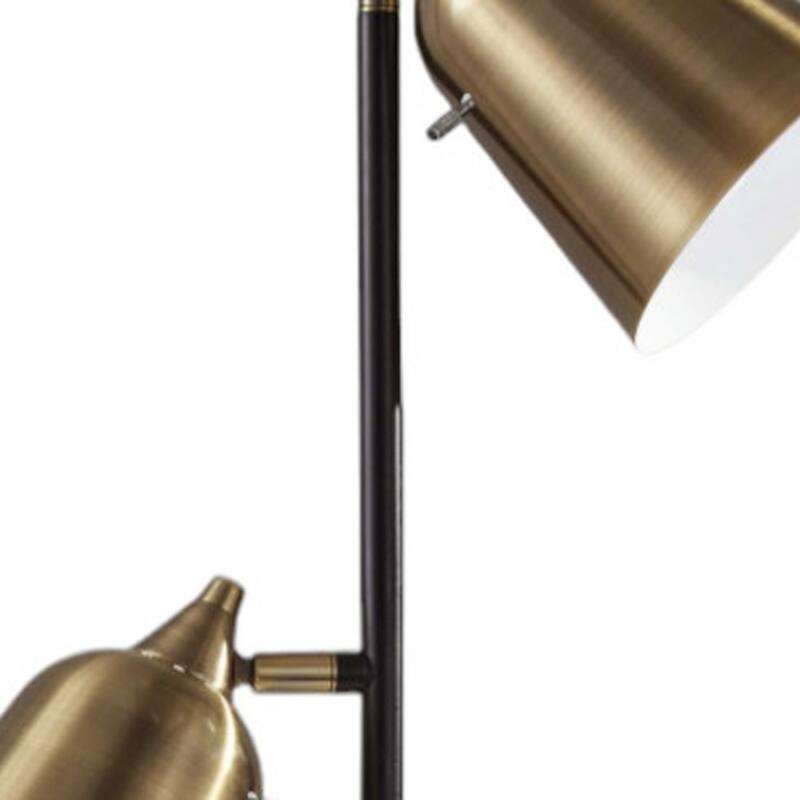 Black Metal Two Light Task Floor Lamp with Antiqued Brass Cone Shades Push Switch - 15” x 16” x 57.5” (D x W x H0