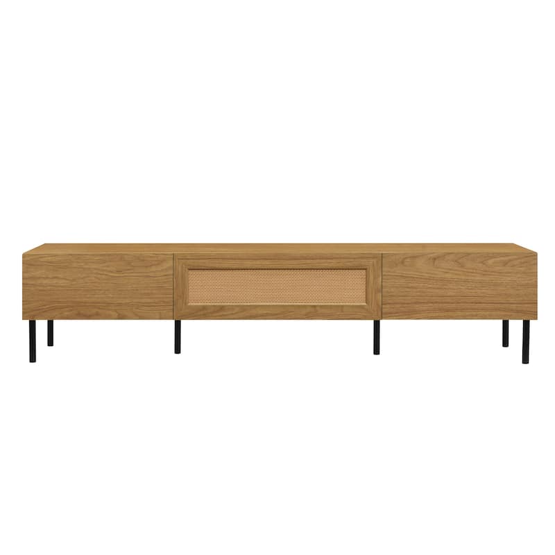 Anmytek Wooden TV Stand with Rattan Storage for up to 80 Inch TV, Rustic Bohemian Living Room Entertainment Center
