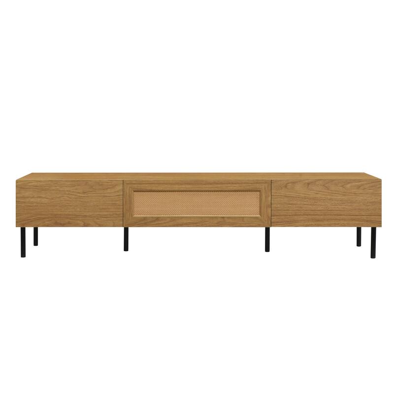 Bohemian Style Rattan TV Stand Media Console, for TVs up to 80" with 3 Pull-down Cabinets, for Living Room
