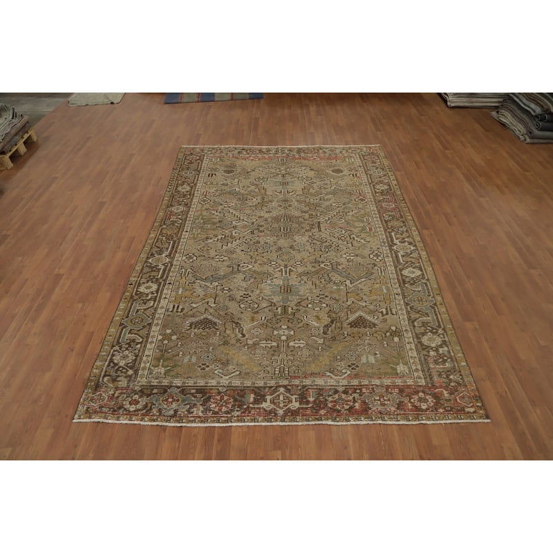 Hand Knotted Oriental 100% Wool Carpet Traditional Geometric Brown Heriz Area Rug - 10' 7'' X 7' 2''