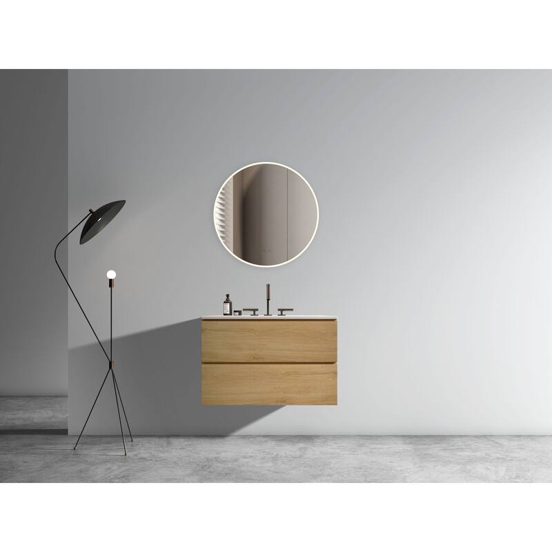36-Inch Wall Mount Bathroom Vanity in Space Grey with Ceramic Sink, Large Storage
