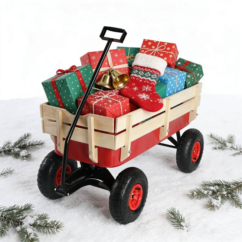 outdoor sport wagon tools cart wooden side panels air tires Wagon (red)