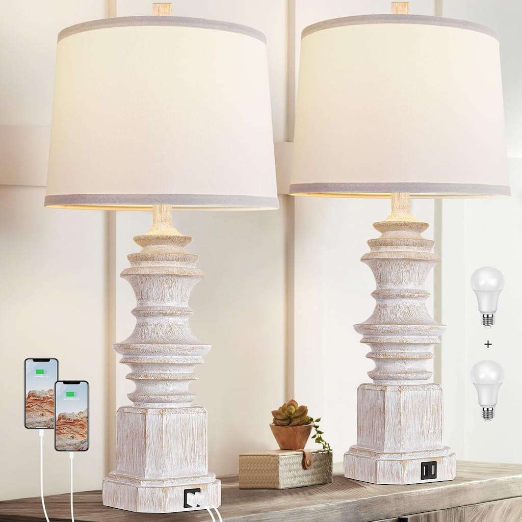 Anmytek USB Charging Vintage Table Lamp Multi Functional for Bedroom Office Living Room Set of 2