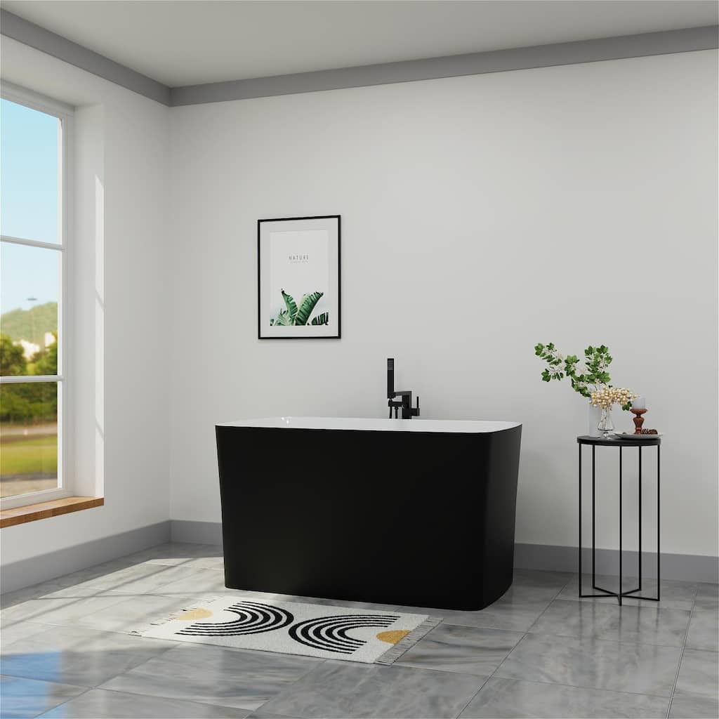 Mokleba 47" Matte Black Acrylic Freestanding-Soaking Bathtub With Seat