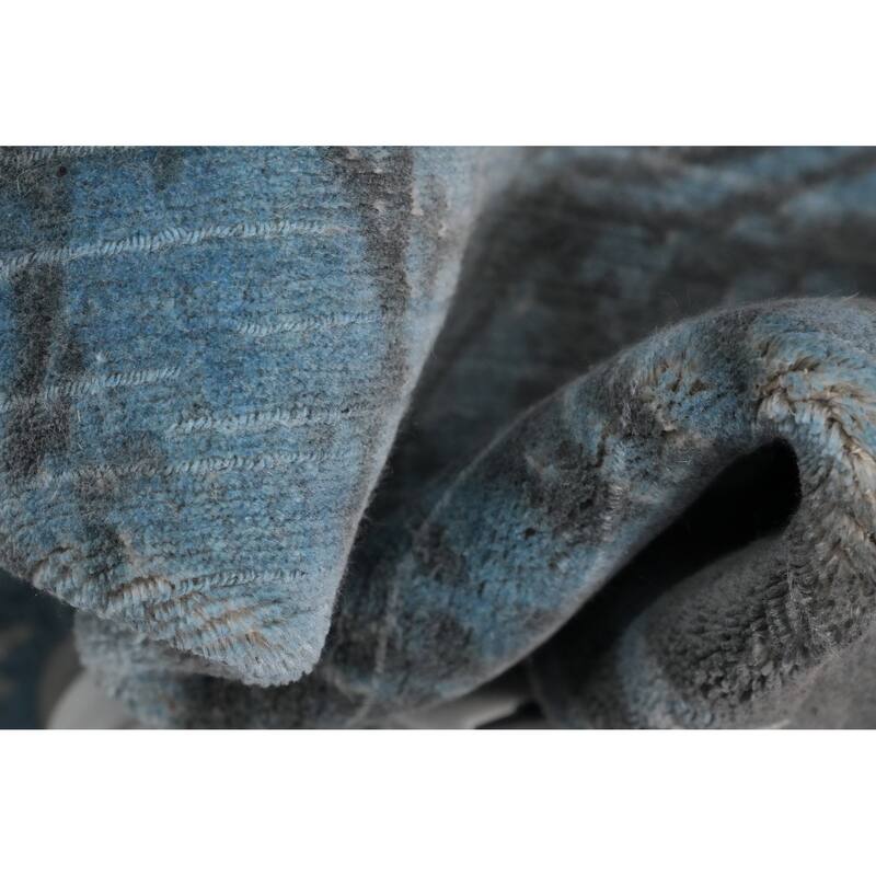 Hand Knotted Oriental Viscose Silk Carpet Modern Abstract Navy Blue & Blues Abstract Runner Rug - 4' 8'' X 2' 4''