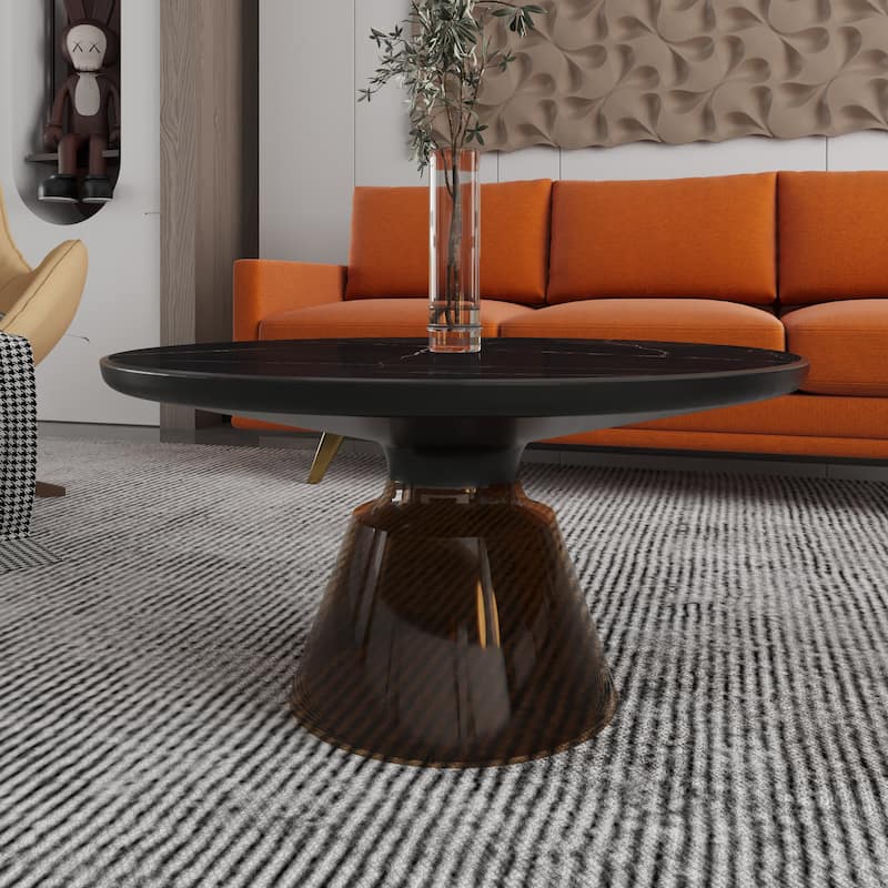 30-Inch Round Coffee Table Glass/Stone Tabletop with Black Iron Rim Frame Glass Pedestal Base