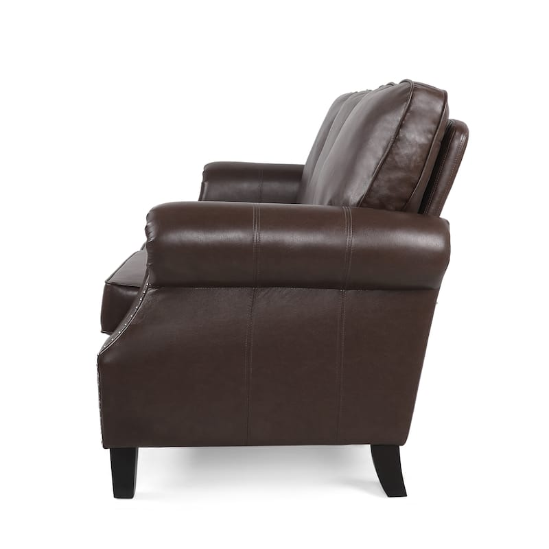 Roomfitters 3 Seater Classic Faux Leather Sofa with Rolled Arms and Nailhead Trim for Living Room or Study