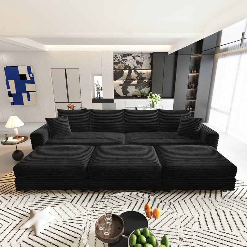 Sectional Couch with 3 Ottoman, 102.4" Corduroy Deep Seat Couches with Pillows, Convertible Sofa Lounge Chair for Living Room