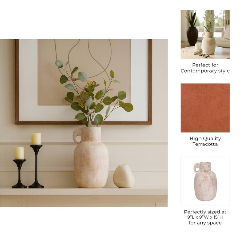 Ceramic Modern Vase with Sculptural Handle - Ivory, 15 in.