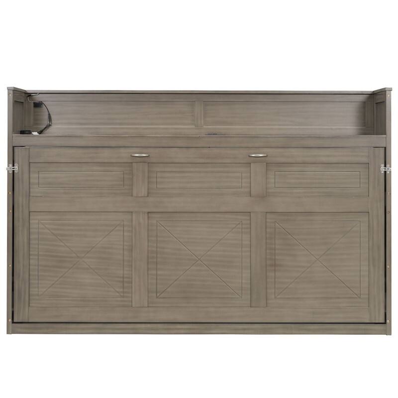 Farmhouse Style Twin XL Size Murphy Bed with Open Shelf, Folding Bed Frame with LED Light and Charging Station
