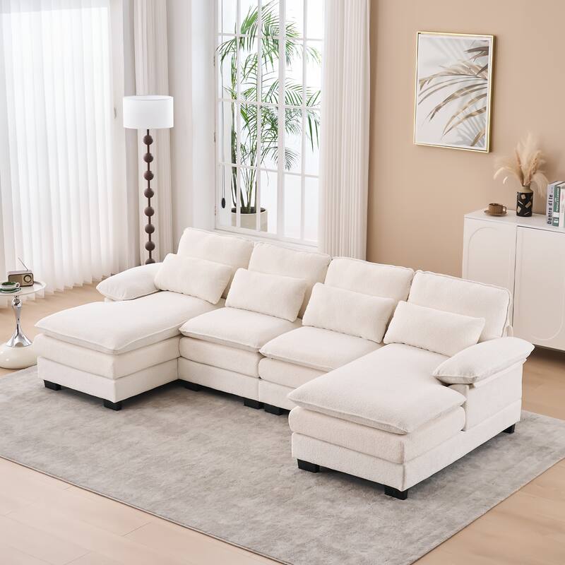 U Shape Cloud Couch 111.8",4-seat Velvet Fabric Upholstered Sofas with Chaise Lounge & Pillows