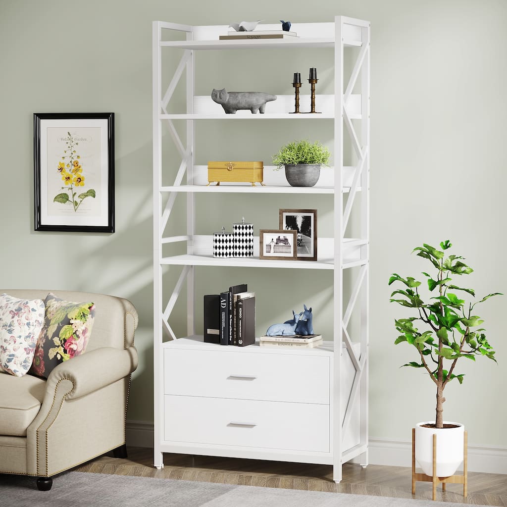 5-Tier Bookshelf Industrial Bookcase with 2 Drawers