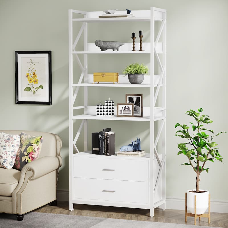 70.8" Bookshelf with 2 Drawers and open shelves, Industrial Bookcase with 2 Drawers