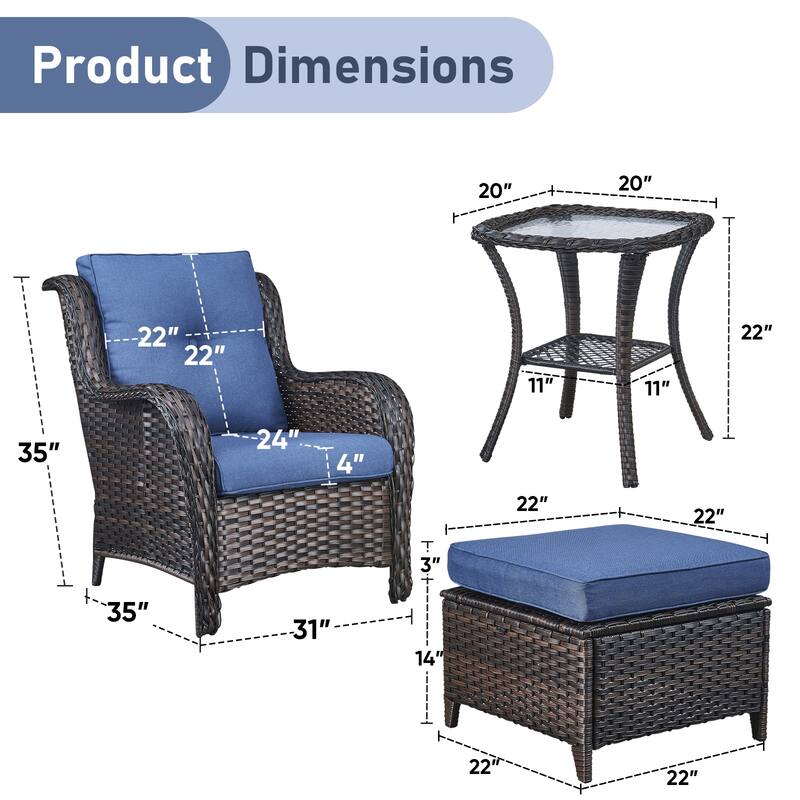 Pocassy 5 Pieces Outdoor Patio Chairs Ottoman Table with Cushion