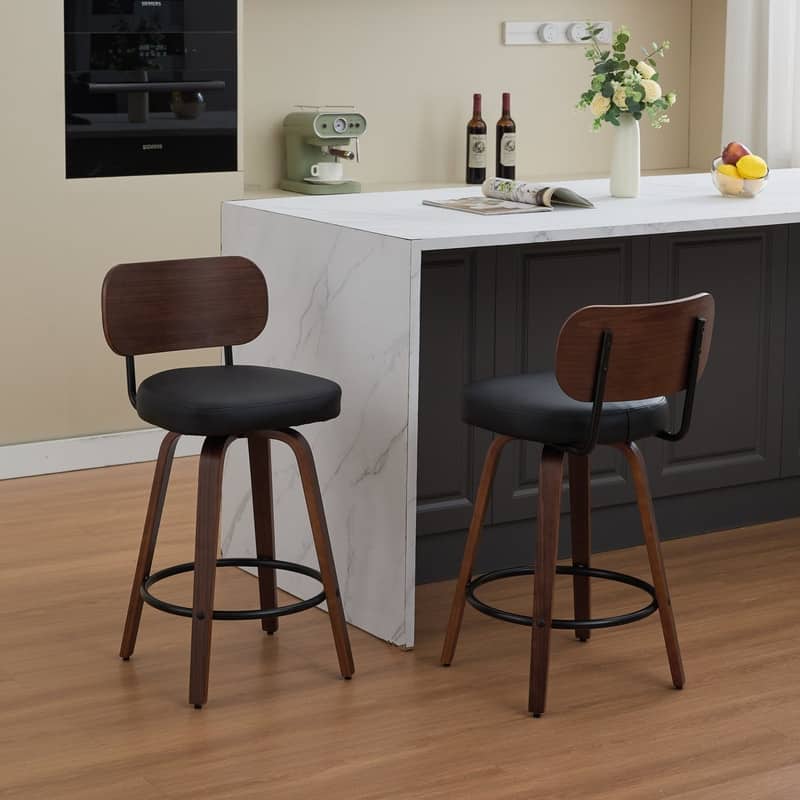 Swivel Bar Stools Set of 2, 26" Modern Faux Leather Counter Stools with Walnut Finish & 360 Degree Spin