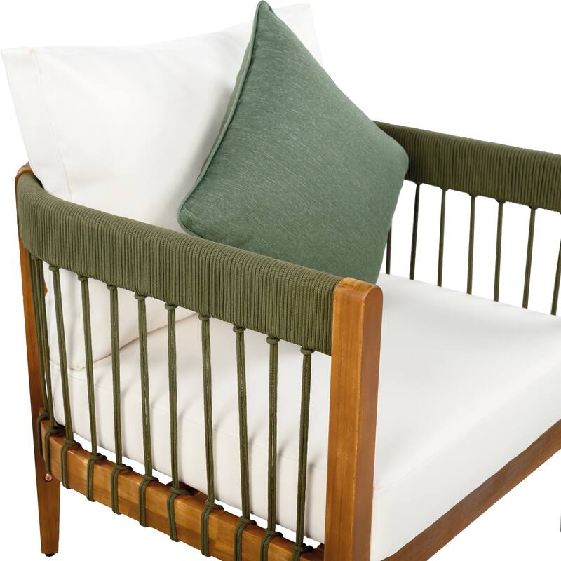 Acacia Wood Outdoor Club Chair with Handwoven Rope Accents & Curved Backrest, Water-Resistant Boho Patio Lounge Chair
