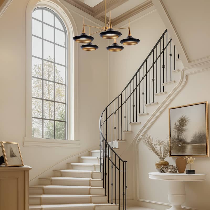 Conia Mid-Century Modern Black 5-Light Wheel Chandelier for Dining Room Kitchen