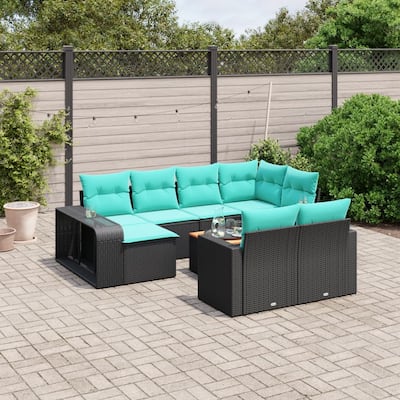 vidaXL 11 Piece Patio Sofa Set with Cushions Black Poly Rattan - 24.4" x 24.4" x 27.2"