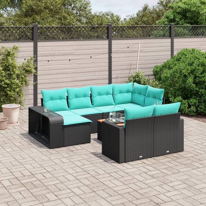 vidaXL Patio Sofa Set with Cushions Conversation Set Modular Sofa Poly Rattan - 25.8 x 24.4 x 27.2 - Black and blue with wood table