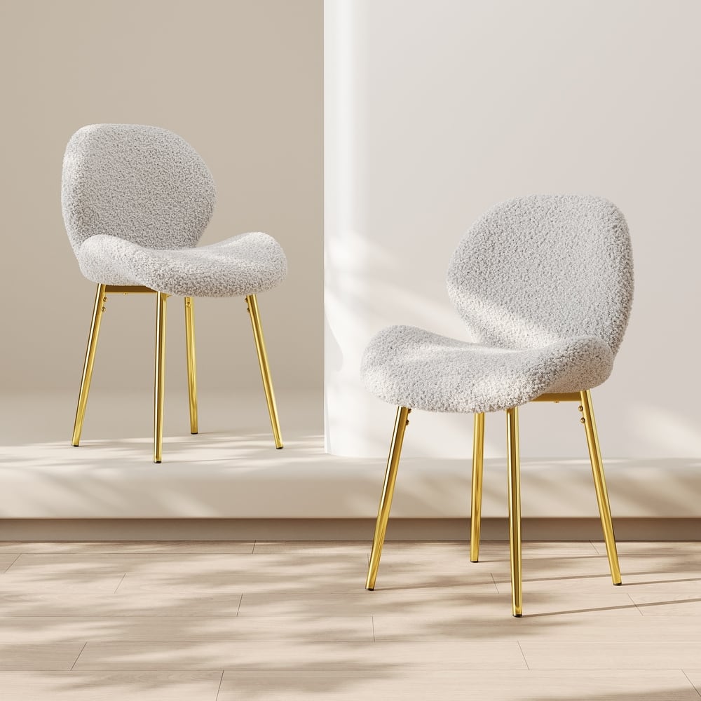 Modern minimalist teddy velvet Dining Chairs Set of 2 with sturdy gold metal legs and comfortable backrest design