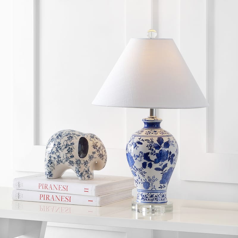 Loop 21.5" Ceramic/Crystal Chinoiserie Floral LED Table Lamp, Blue/White by JONATHAN Y