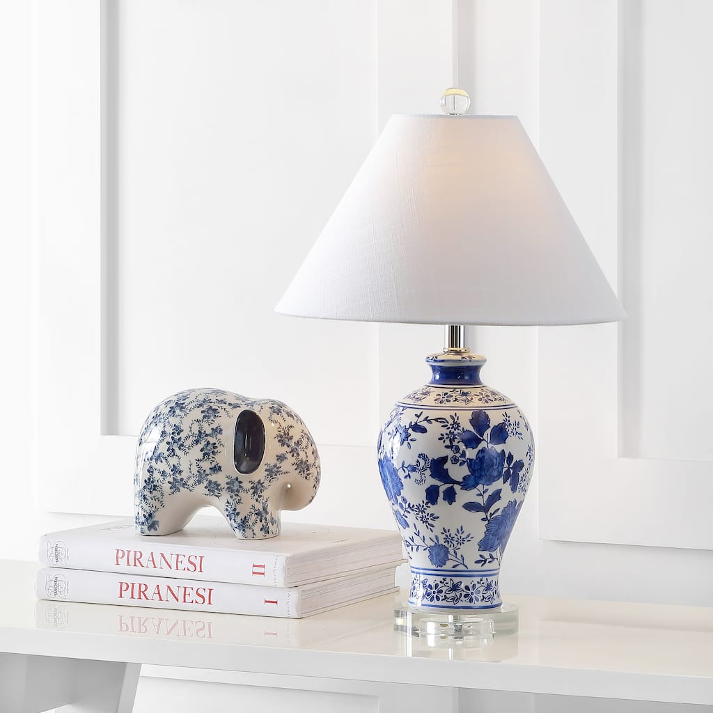 Loop 21.5" Ceramic/Crystal Chinoiserie Floral LED Table Lamp, Blue/White by JONATHAN Y