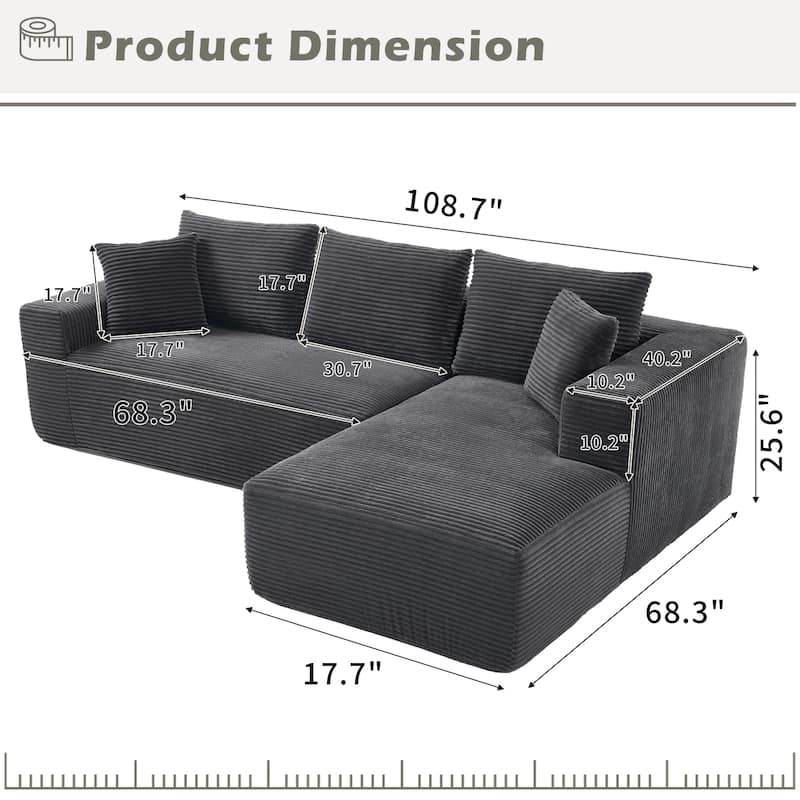 Modular Sectional Cloud Sofa with L-Shape Chaise, Oversized Corduroy Upholstered Boneless Sofa, Corner Sofa with Deep Seat