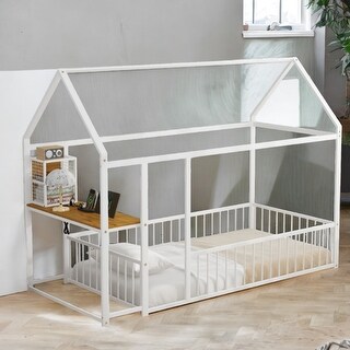 White Metal Twin Size Floor Bed with Desk w/USB Ports, Kids Bed with Storage Shelf