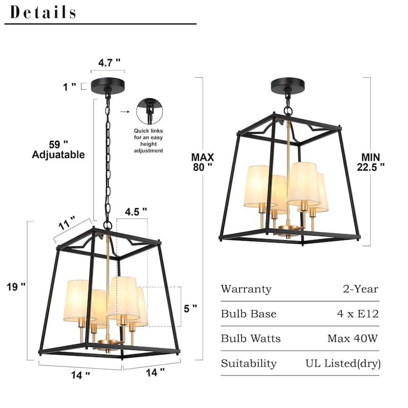 Modern Farmhouse 4-Light Black Gold Geometric Chandelier Metal Pendant Lights with Fabric Shades - 14 "
