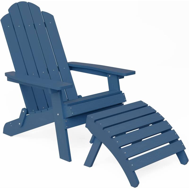 WINSOON 2-Piece All Weather HIPS Outdoor Folding Adirondack Chair with Ottoman - Navy