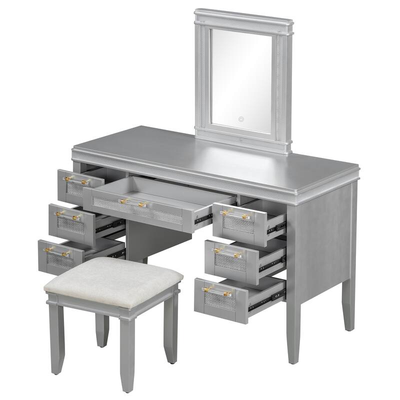 Vanity Desk with LED Lighted Mirror, Large Makeup Vanity Table, Dressing Table Set with 7 Drawers & Cushioned Stool