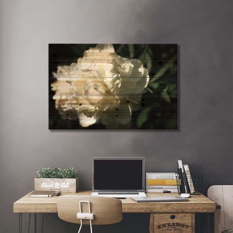 White Peony In Spring Print On Wood by Michelle Calkins - Multi-Color