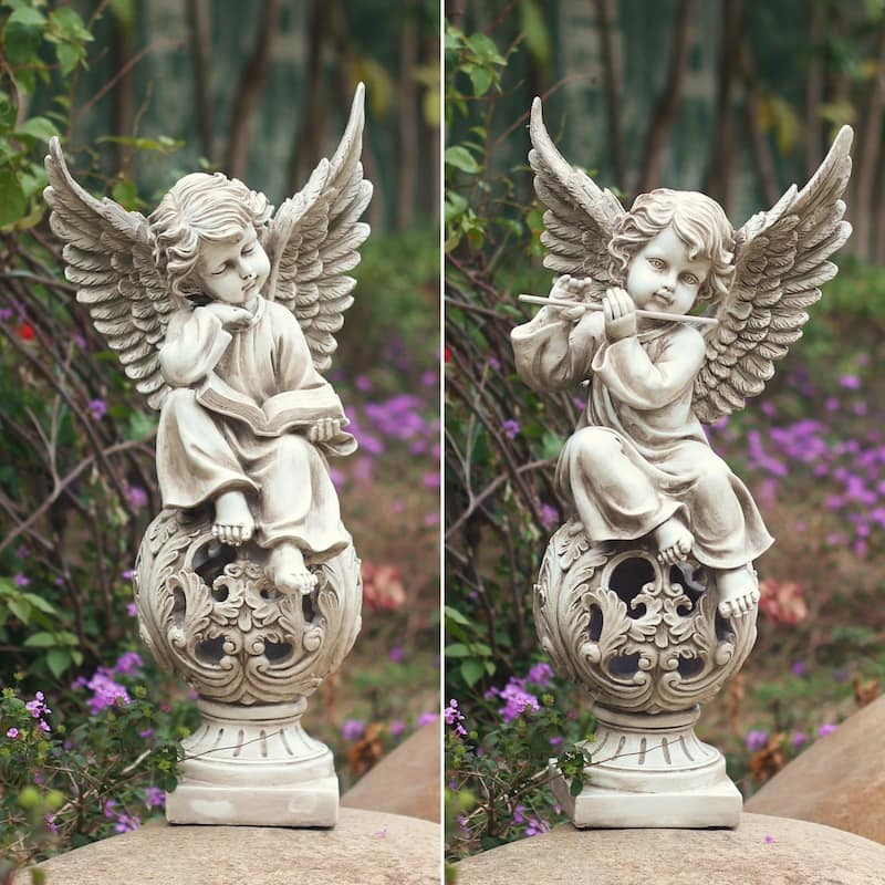 24 Inch Tall Set of 2 Polyresin Cherubs on Ornate Pedestals - 11.3x9.6x24.2 - 11.3x9.6x24.2 - Antique Grey