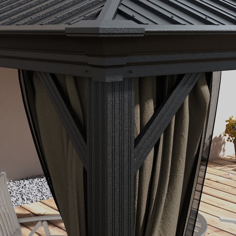Outsunny 10' x 10' Hardtop Gazebo with Curtains and Netting, Permanent Pavilion Metal Double Roof Gazebo Canopy with Aluminum