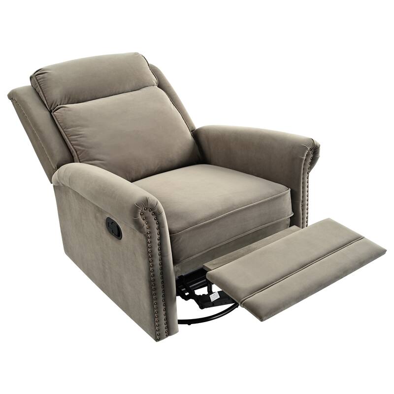 Home Theater Swivel Recliner Chair, Manual Rocking Nursery Rocker w/Adjustable Backrest Rolled Arms Lounge Chair with Rivet Trim