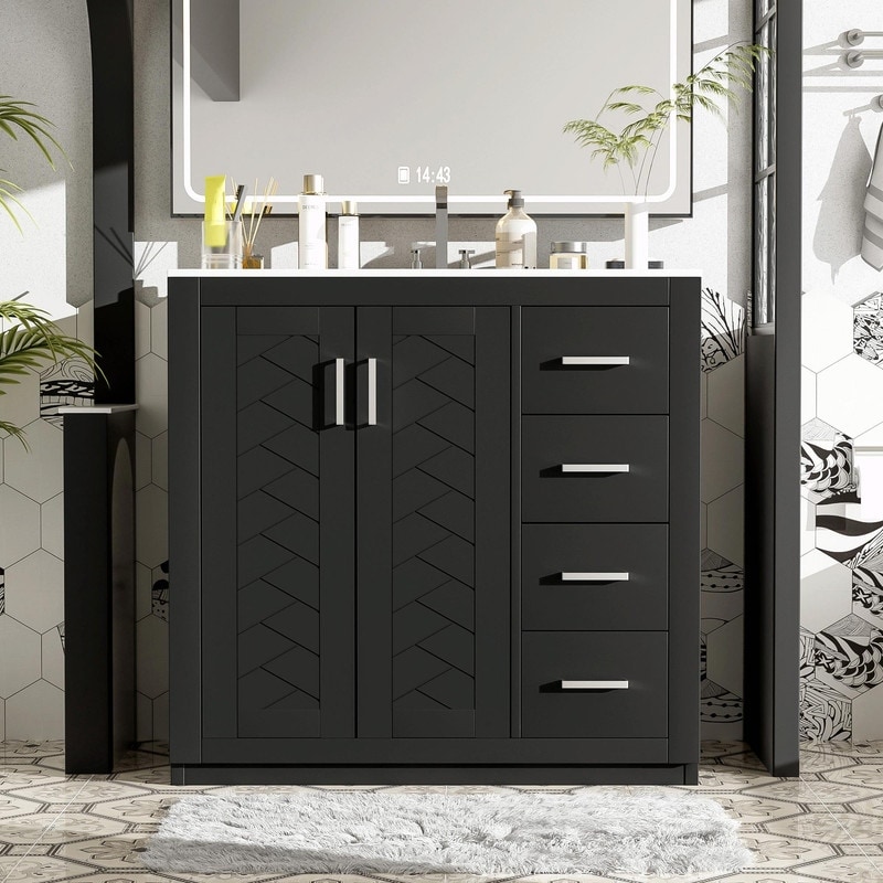 Freestanding 36'' Bathroom Vanity with Ceramic Sink, 3 Drawers, Soft Closing Doors & Solid Wood Frame