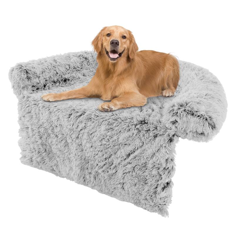 Costway Plush Calming Dog Couch Bed with Anti-Slip Bottom Plush Mat - Gray - Large